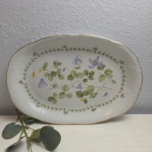 Vintage Tienshan Floriade China Blue Violets Green Foilage Oval Platter Gold Rim